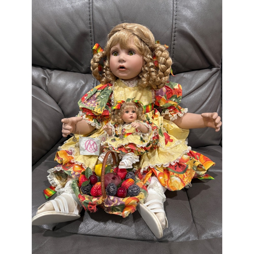 Marie Osmond Fine Porcelain Doll Mother and Child Set with Fruit Basket Yellow
